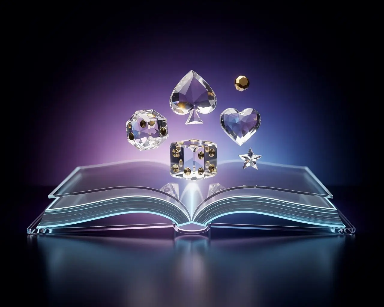 Casino glossary illustration with an open book releasing glass dice, card-suit shapes and a gold gem
