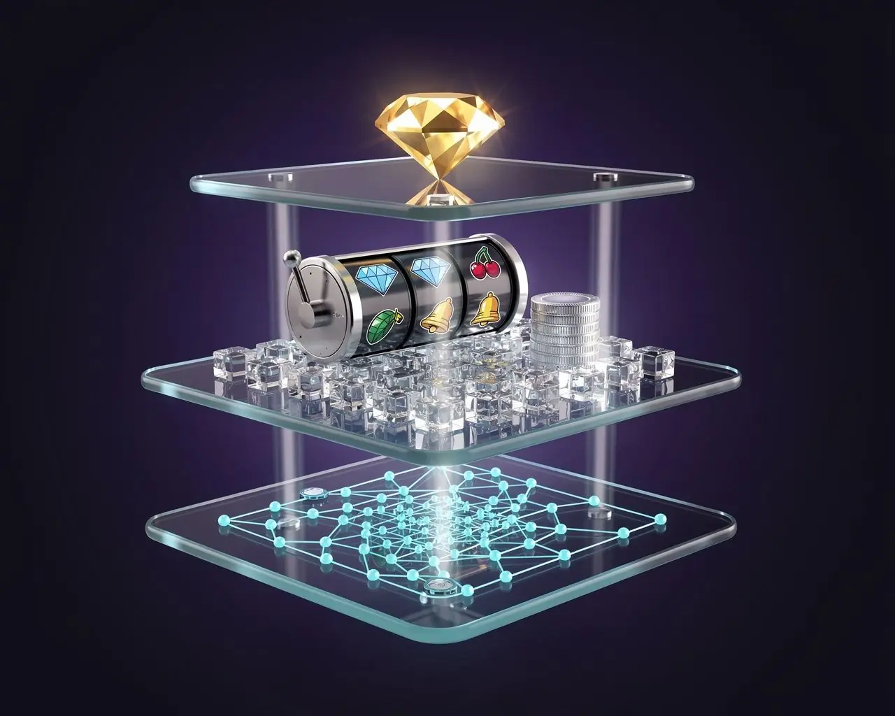 Casino platform illustration showing the layered architecture of online casino software as stacked glass tiers