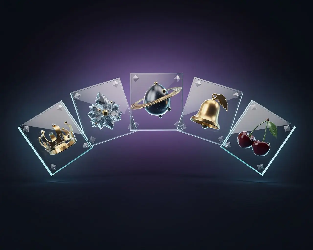 Online game providers illustration with a gallery of glass frames holding different game-theme objects