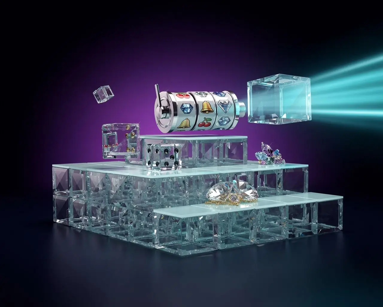 Self-service casino software illustration with modular glass platform blocks assembling into an online casino