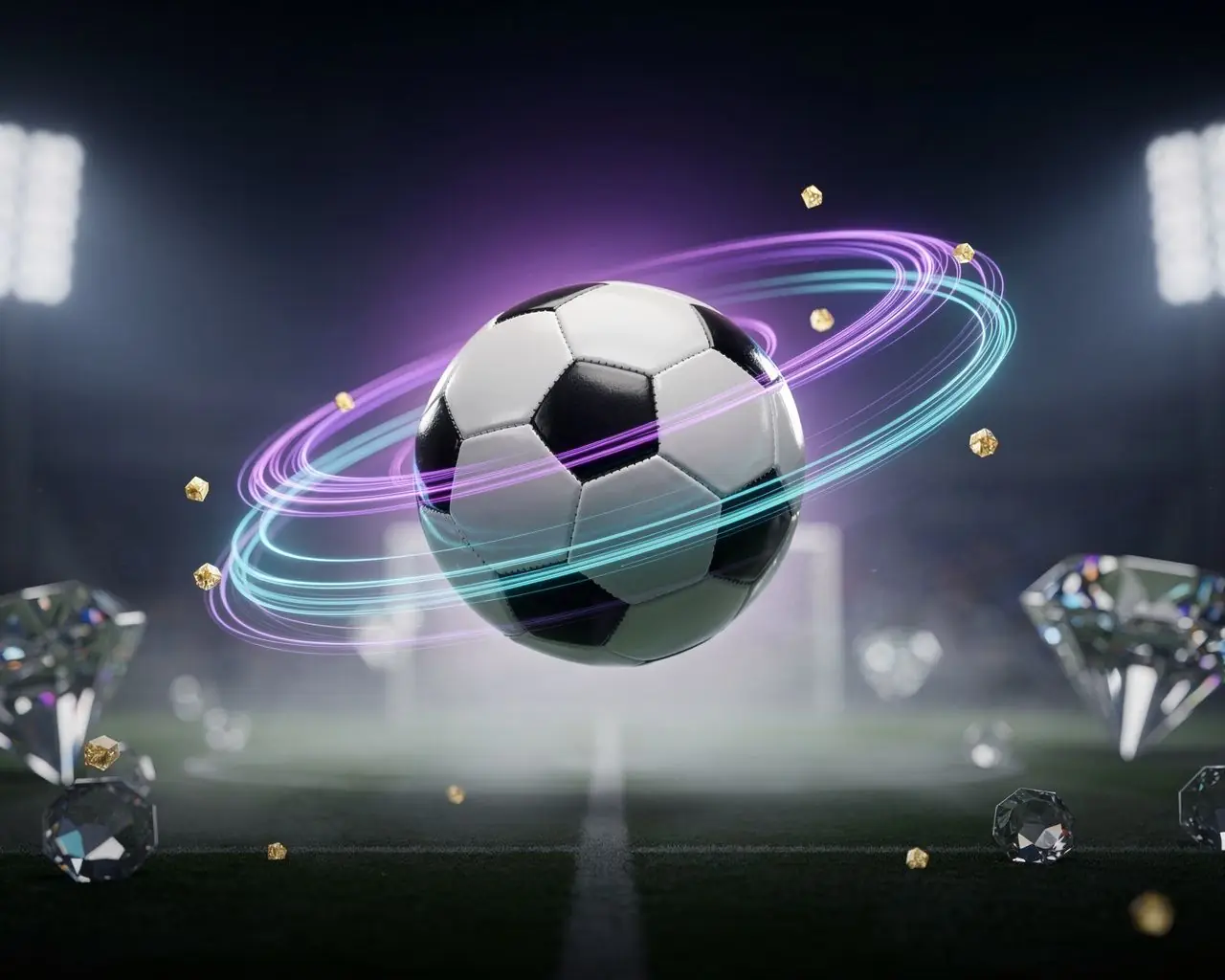 Sportsbook software illustration with a football above a floodlit stadium and sweeping light trails