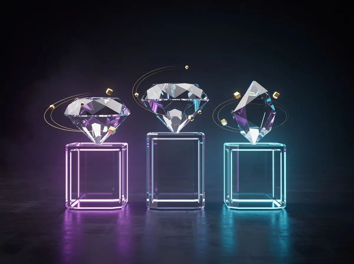 Casino bonus and loyalty program illustration with glass pedestals in violet, blue and cyan light, each crowned by a cut gem