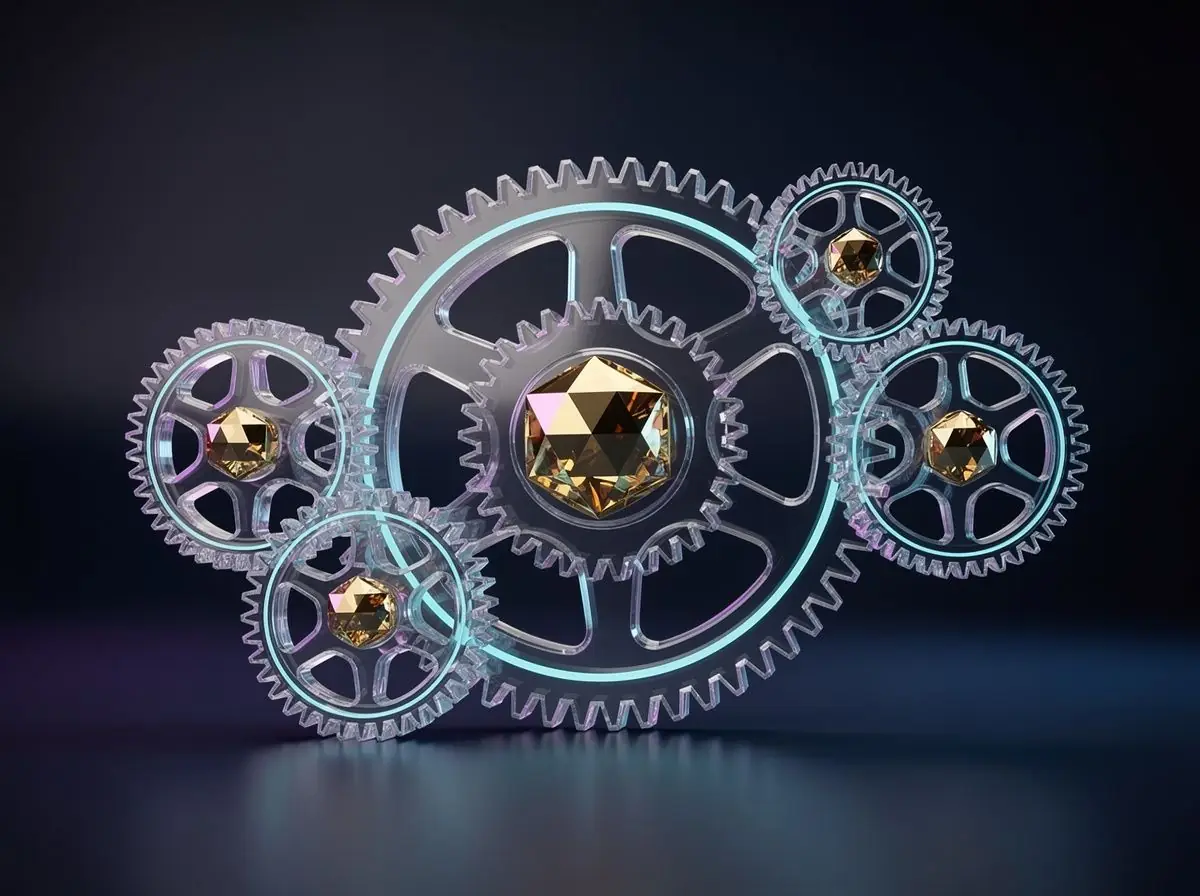 Why choose us illustration with precision glass gears and a gold gem at the hub, symbolising reliable casino technology
